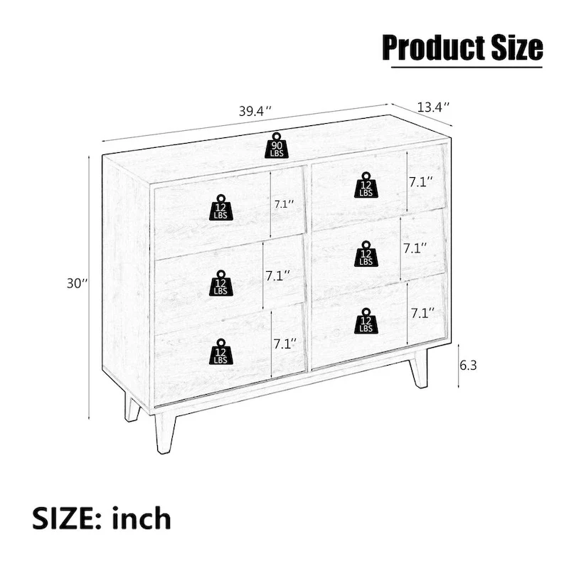 Mid-Century Modern 6-Draw Dresser with Bevel Design