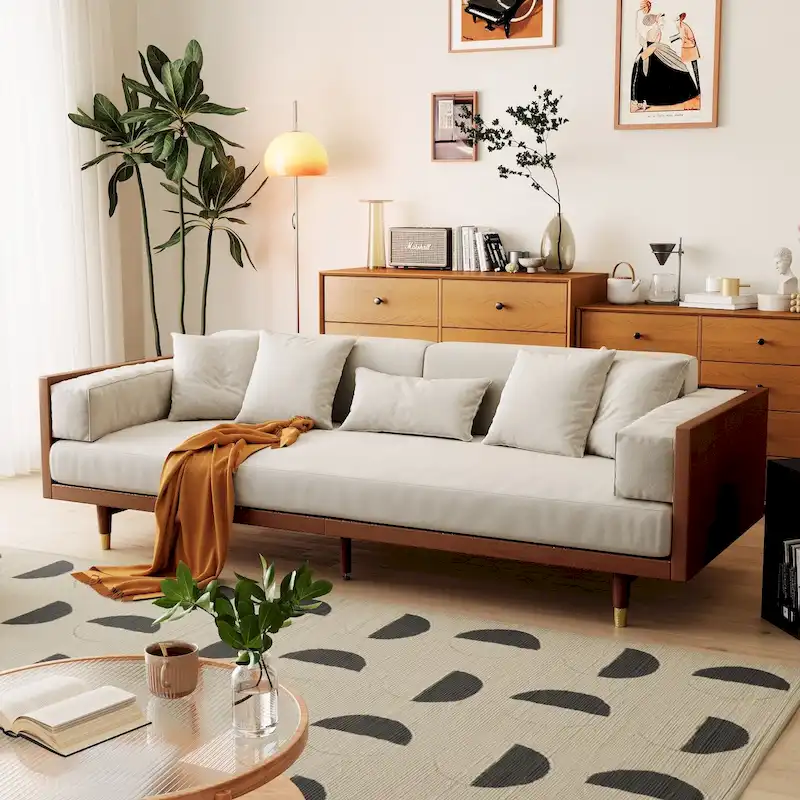 JASIWAY Modern 3-Seat Upholstered Cotton Linen Sofa,Beige