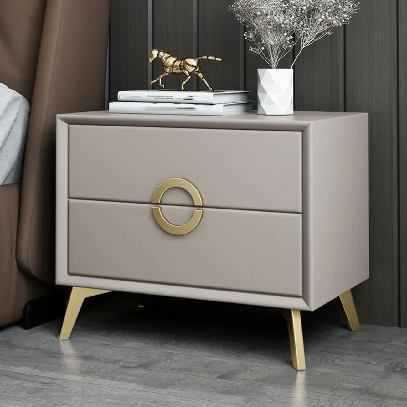 Chic Khaki Leather Gold Accents 2-Drawer Nightstand