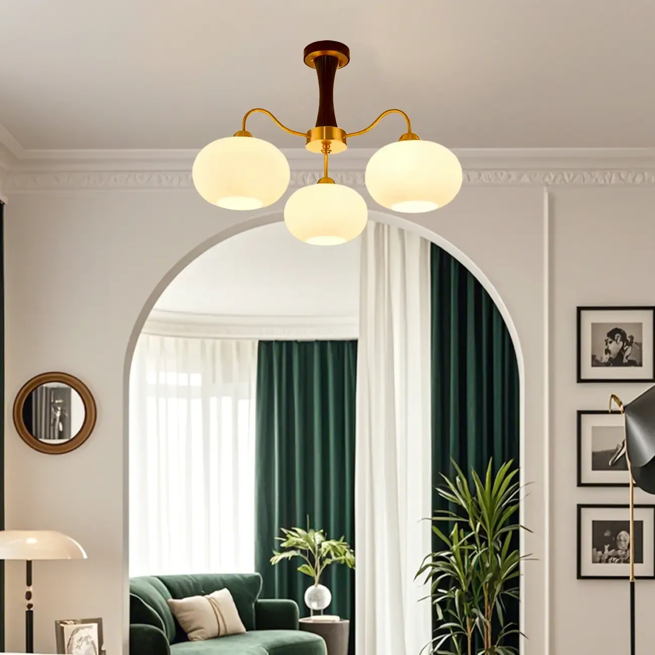 Classic Large Glass Drum Walnut Wood Semi Flush Ceiling Light