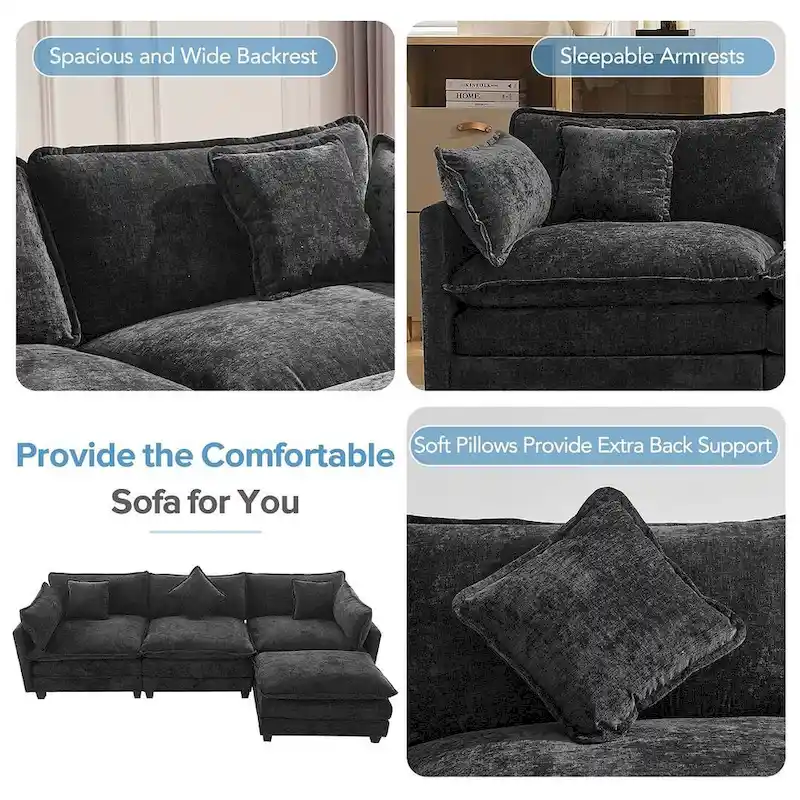 112 Modern L-Shape Chenille Upholstered Sofa with 5 Pillows