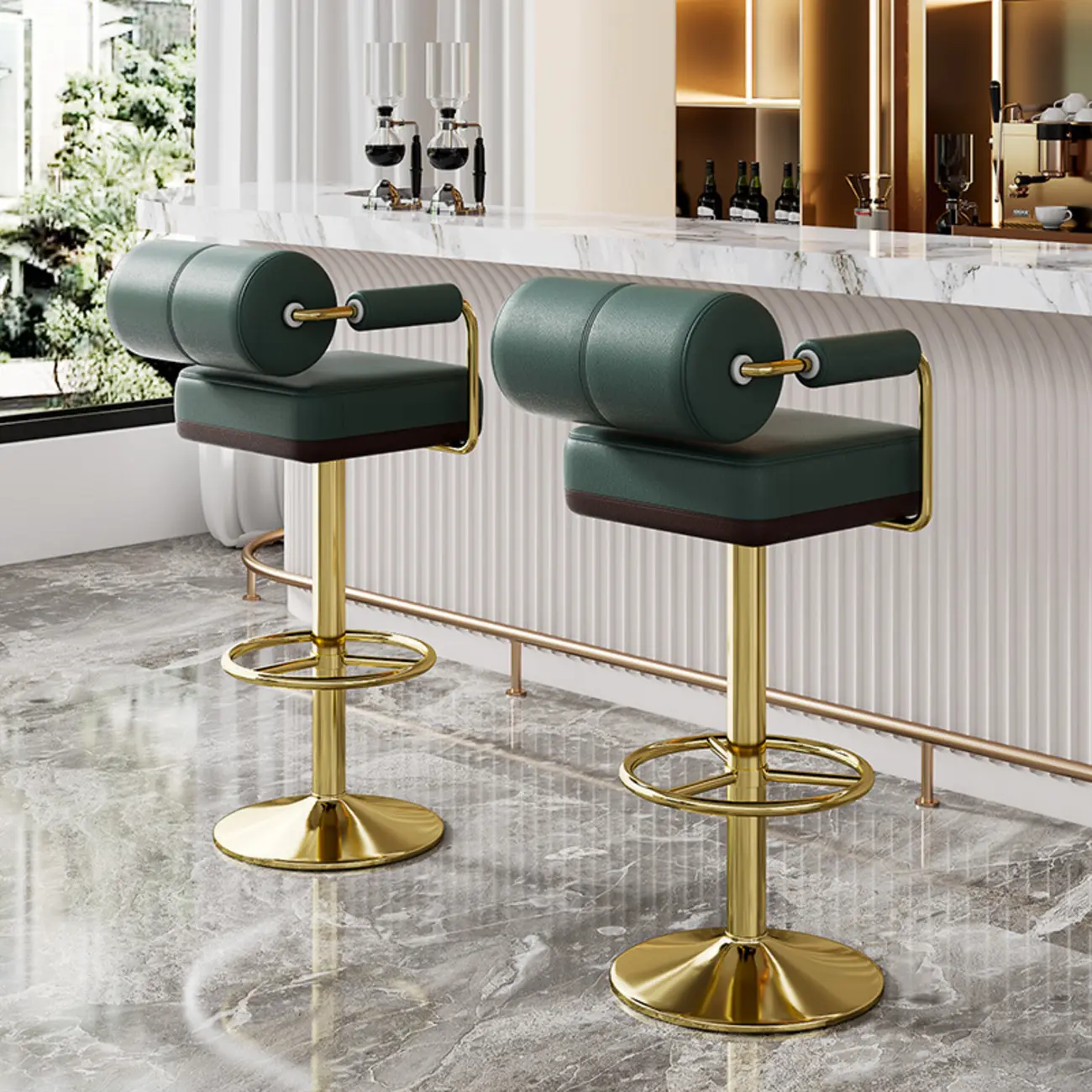 Square Adjustable Leather Gold Legs Swivel Bar Stools