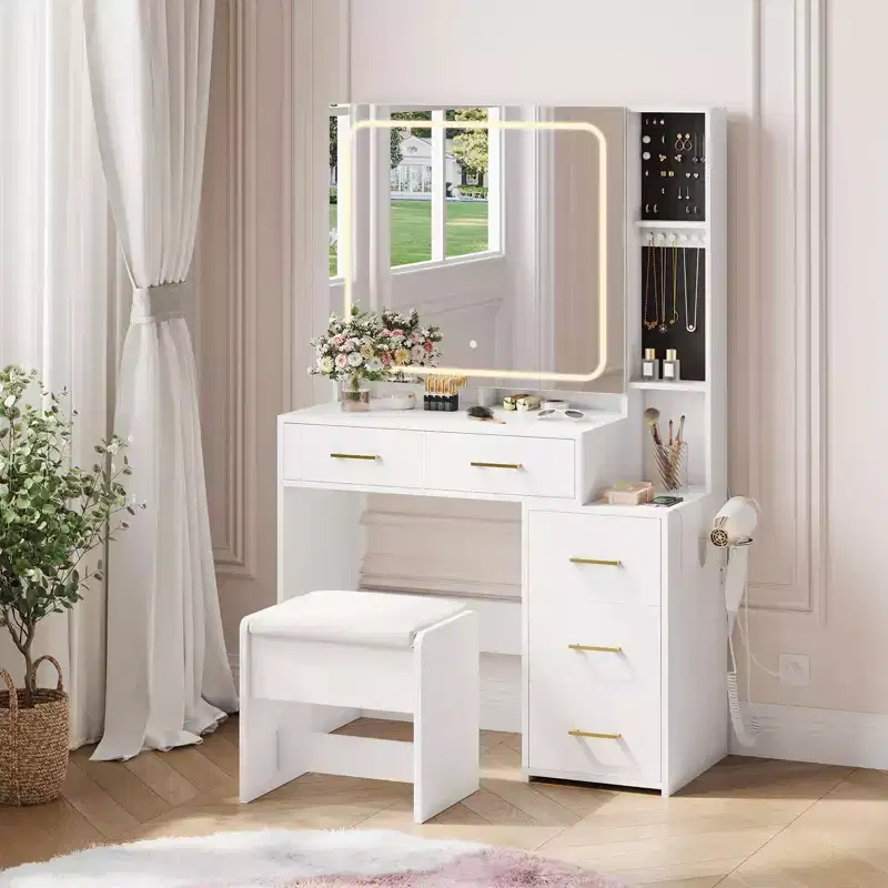 Vanity Desk with Mirror and Lights, Makeup Vanity Set with 5 Drawers, Stool, Power Outlet, 3 Color Lighting Modes Adjustable Brightness Vanity