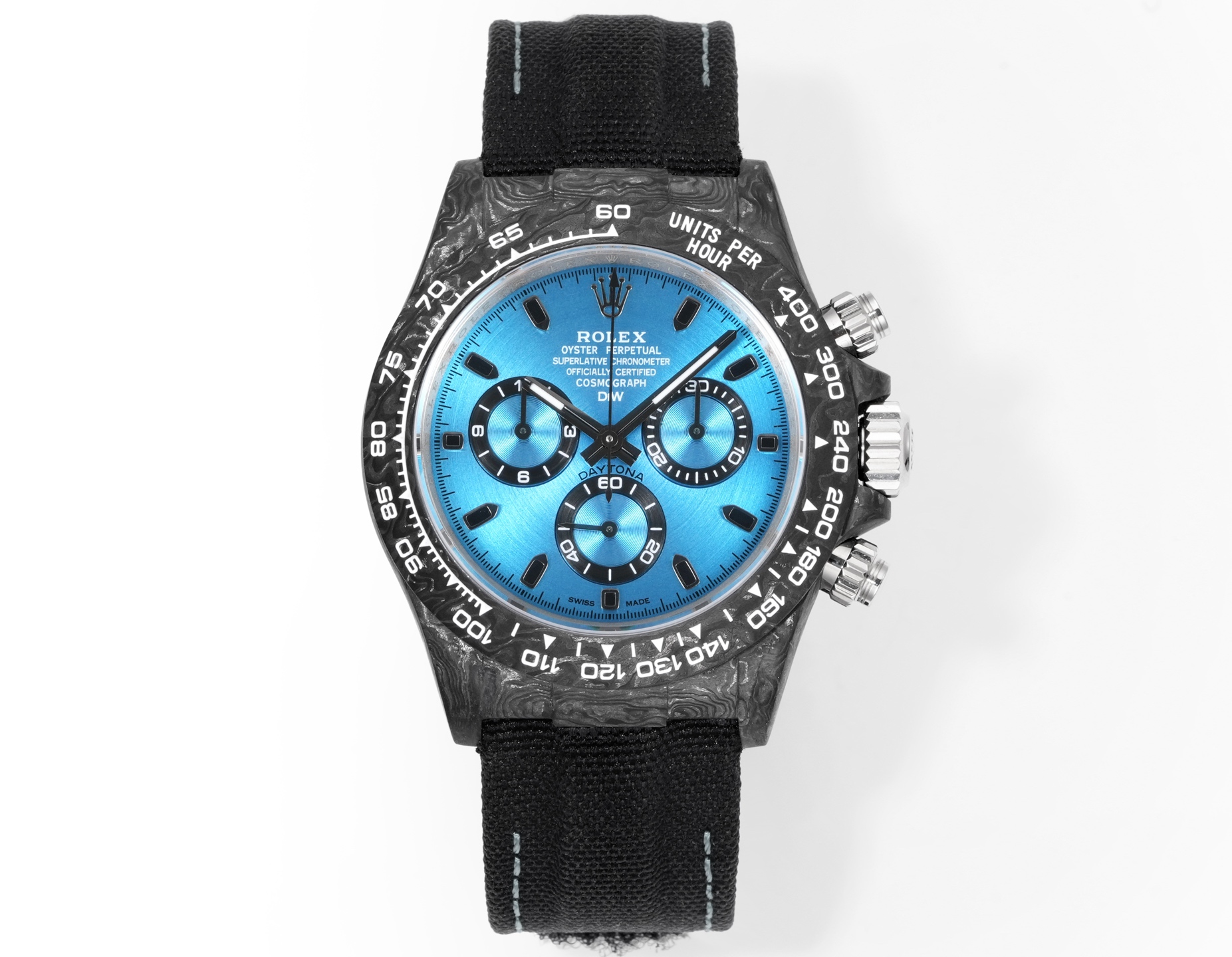 Rolex Daytona carbon fiber replica front view with bright blue dial