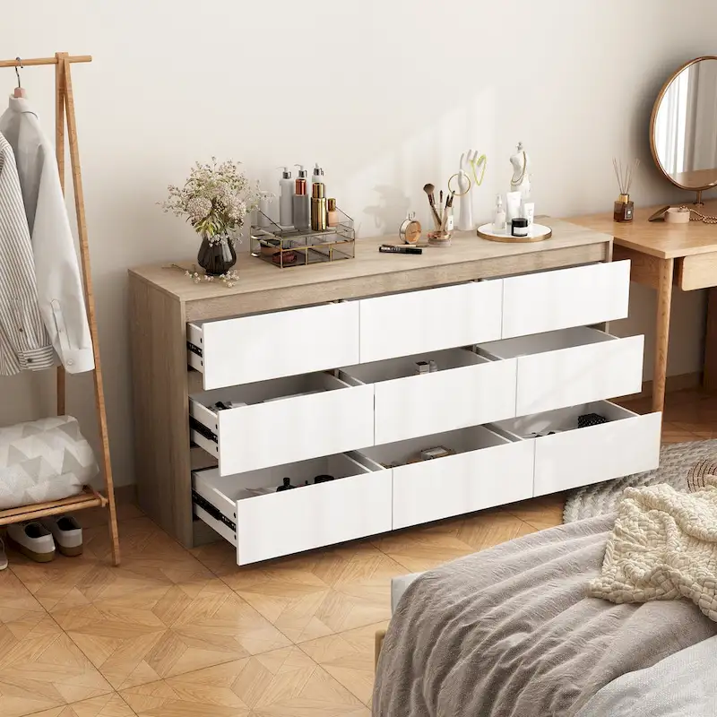 White / White Oak / Black / Mirror 9-Drawer Dresser with Storage – Single