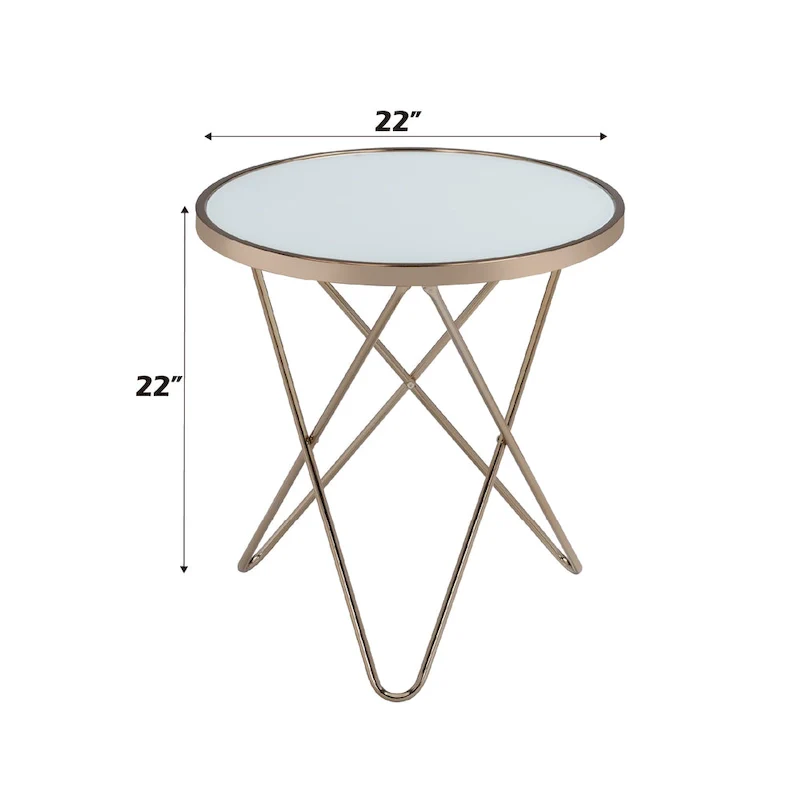 Frosted Glass Top & Champagne Finish Round End Table, with V-shaped Metal Base