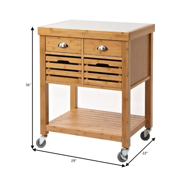 36 Inch Bamboo Kitchen Cart Island, 2 Drawers, Stainless Steel Top, Brown - 22 L x 29 W x 36 H Inches