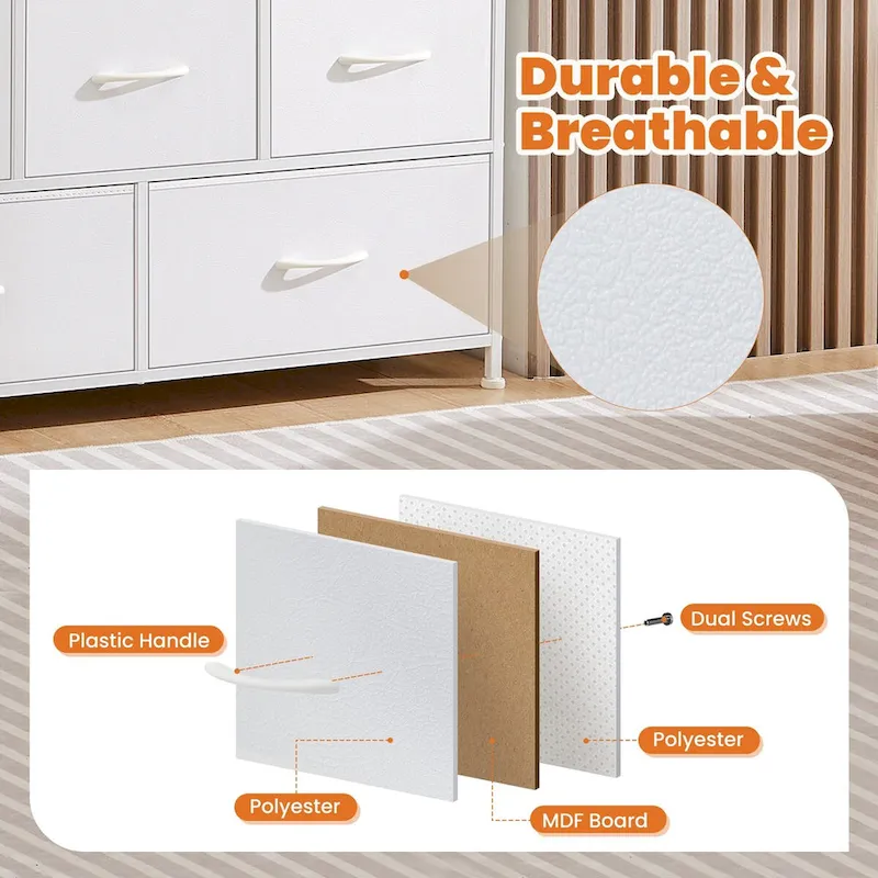 White 5-Drawer Fabric Dresser with Metal Frame, Single-Person Bedroom Storage