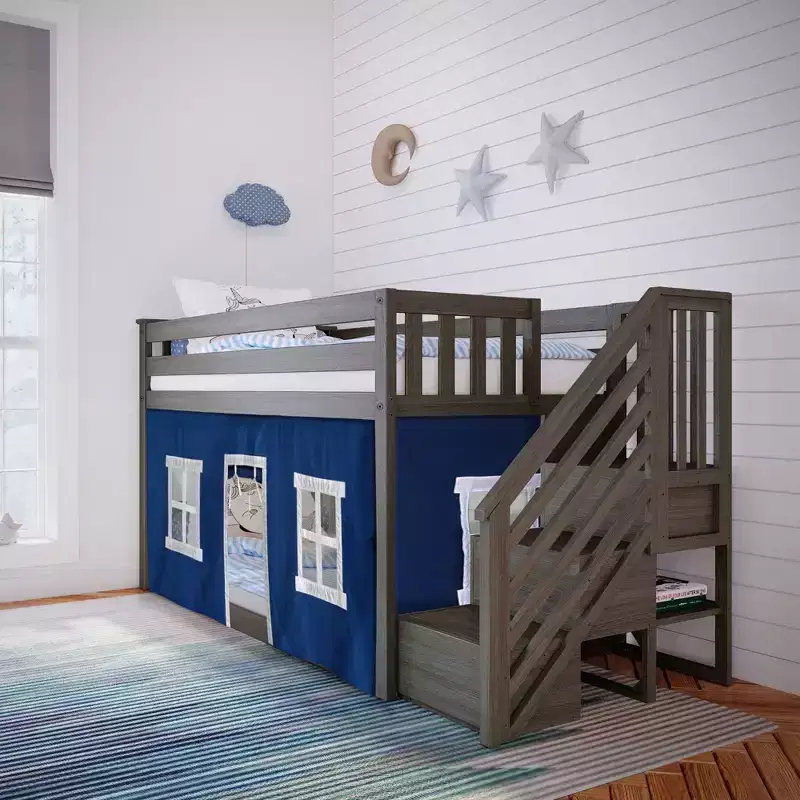 Max & Lily Twin Low Bunk Bed with Staircase and Curtains