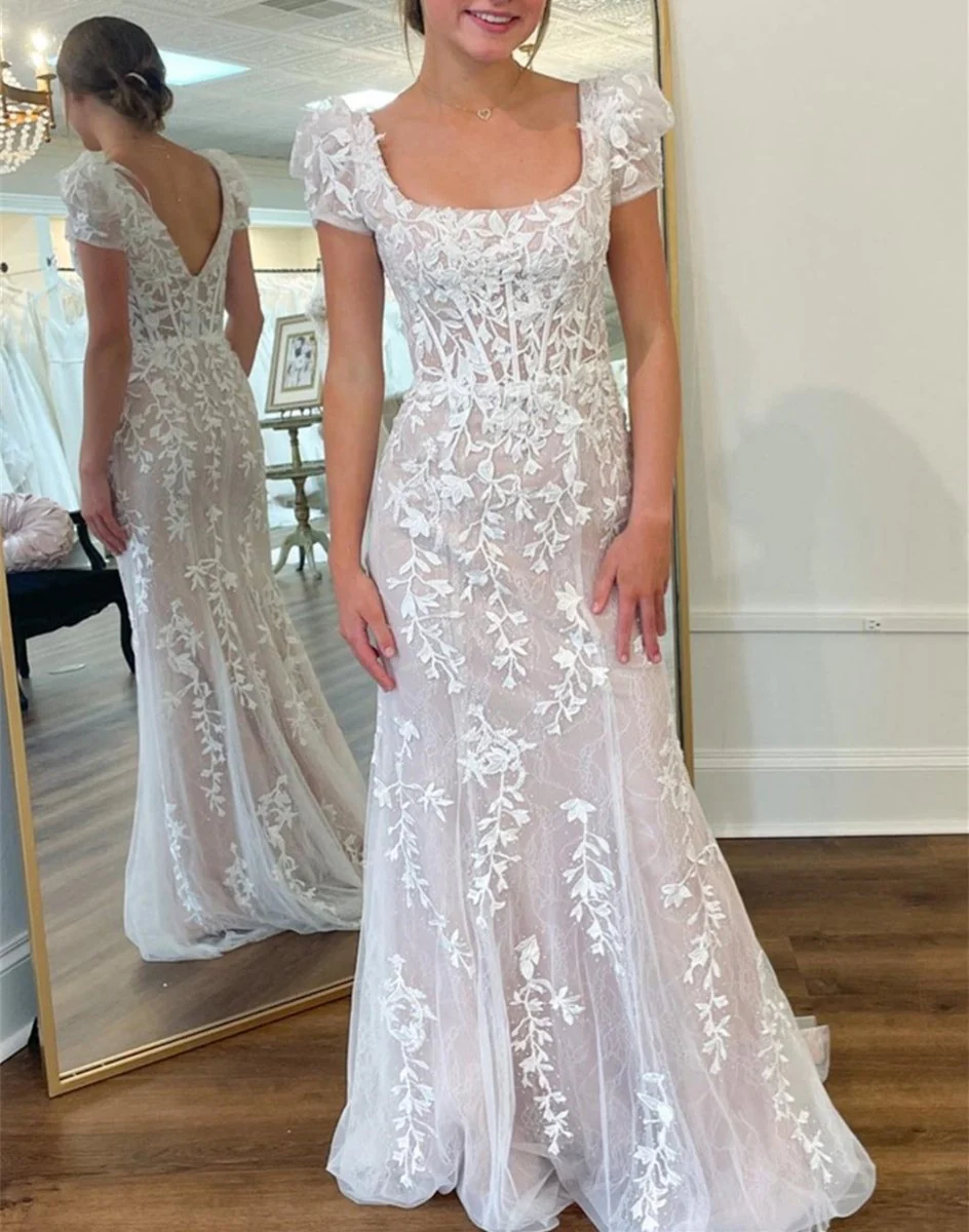 Champagne Appliques Square Neck Puff Sleeves Long Prom Dress