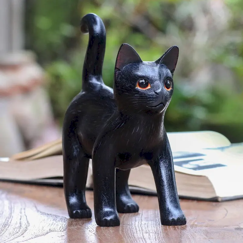 Handmade Curious Kitten In Black Wood Sculpture (Indonesia) - 7.25  H x 6.25  W x 3  D
