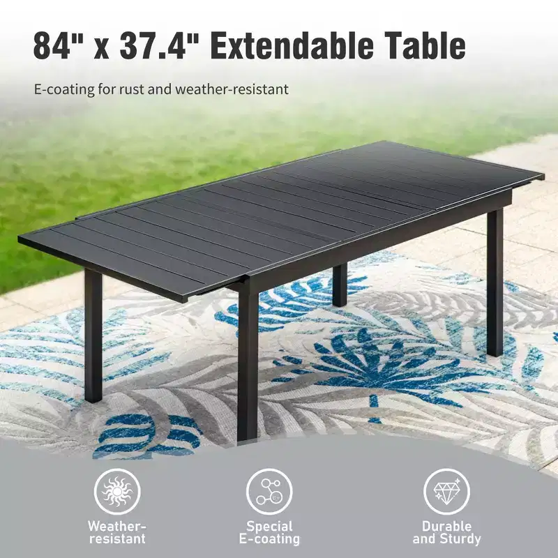 Captiva Designs 9pc Patio Slat-top Adjustable Steel Rectangle Dining Table & Black Metal Chairs