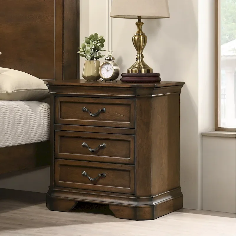 Roundhill Furniture Maderne 3-Piece Wood Bedroom Set, Panel Bed and Two Nightstands, Antique Walnut Finish