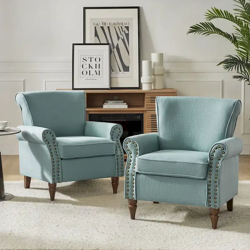 Upholstered Comfy Accent Chair with Turned Wooden Legs and Nailhead Trim Set of 2