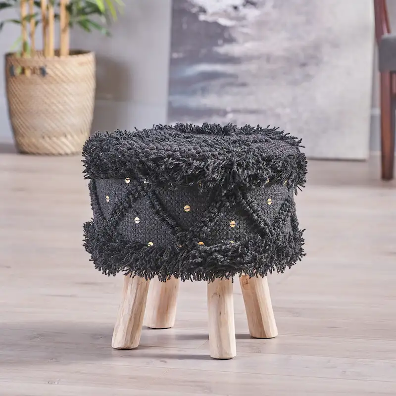 Black / Ivory / Taupe / Dark Brown Handcrafted Boho Fabric Stool, Seats 1