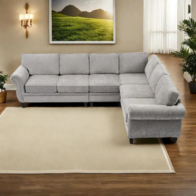 Light Gray L-Shaped Modular Sectional Sofa, Chenille, 6-Seater