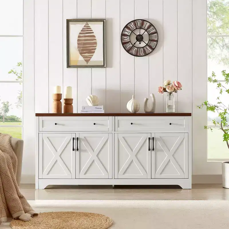 Okak Sideboard Cabinet, Buffet Cabinet with 2 Decorated Doors and 2 Drawers, Storage Cabinet for Living Room, Dining Room, Kitchen