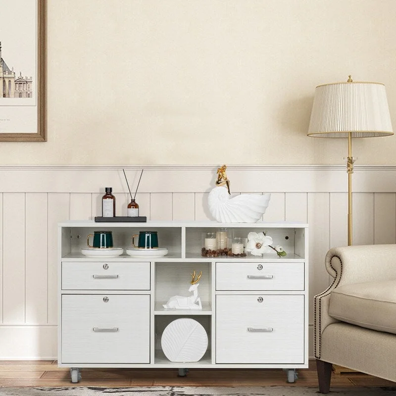 4-Drawer Mobile Wood File Cabinet with Shelves and Locking Wheels