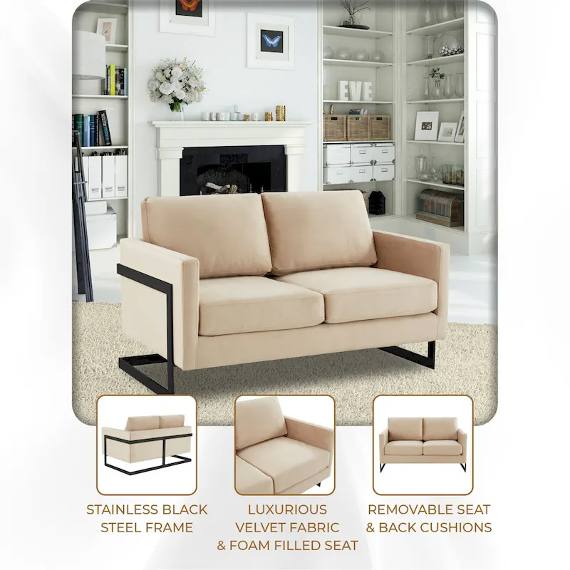 Upholstered Loveseat Sofa in Velvet Fabric with Removable Cushions and Stainless Steel Frame
