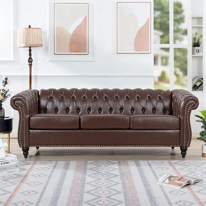 Tufted Sofa - Faux Leather, Rolled Arms Design, Seats 3