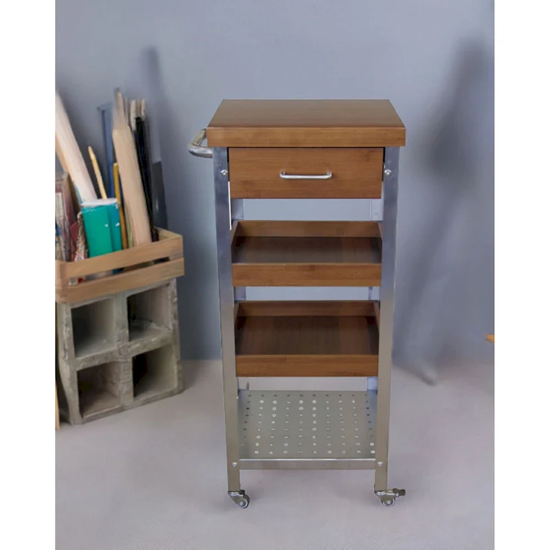 Solid Bamboo & Stainless Steel Kitchen Cart Tower with Drawer