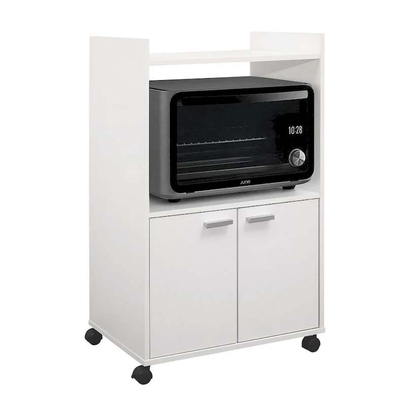 2-Door Kitchen Cart with Storage - Rolling Microwave Stand (White)