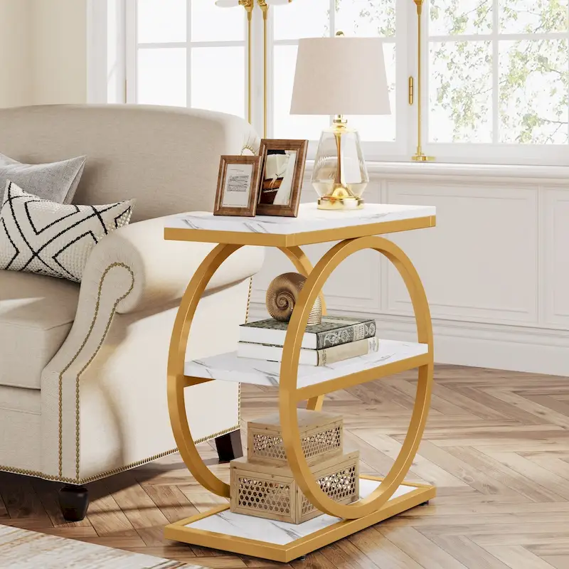 Industrial 3-Shelf Narrow End Table – Brown / Grey / Oak / Yellow