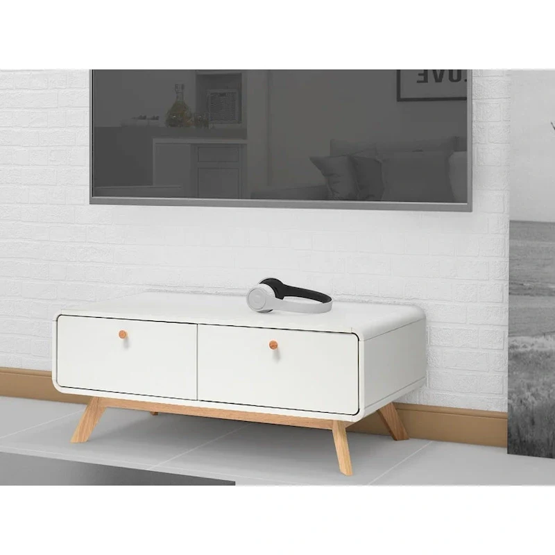White Mid-Century TV Stand with 2 Drawers, Fits TVs up to 60