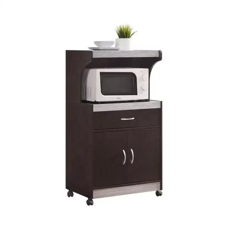 Hodedah Wheeled Kitchen Island Microwave Cart with Pull-Out Drawer and Cabinet Storage, Chocolate Grey