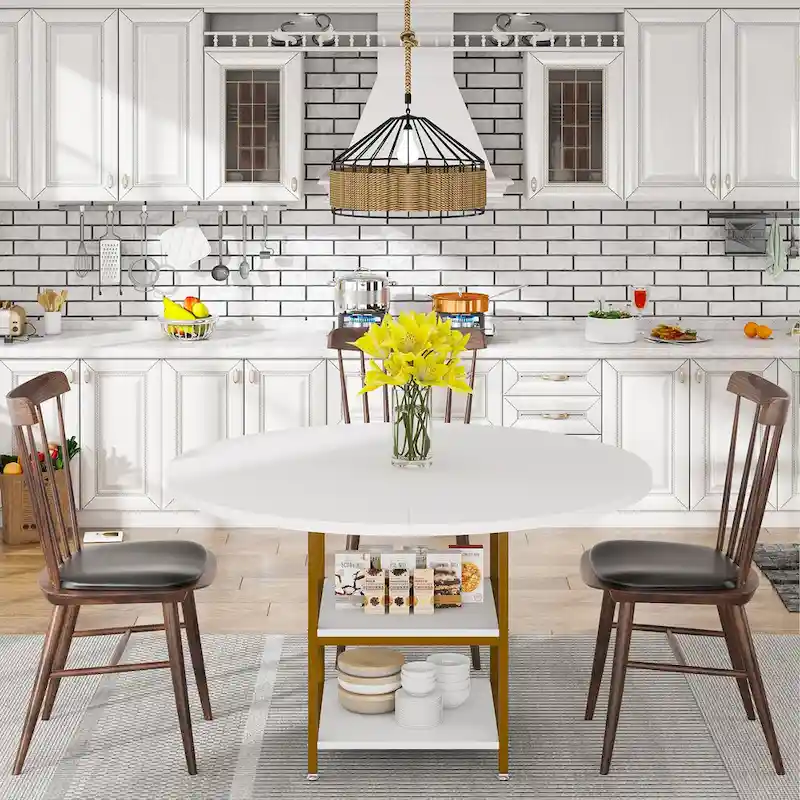 White Round Dining Table with Gold Legs - Seats 4