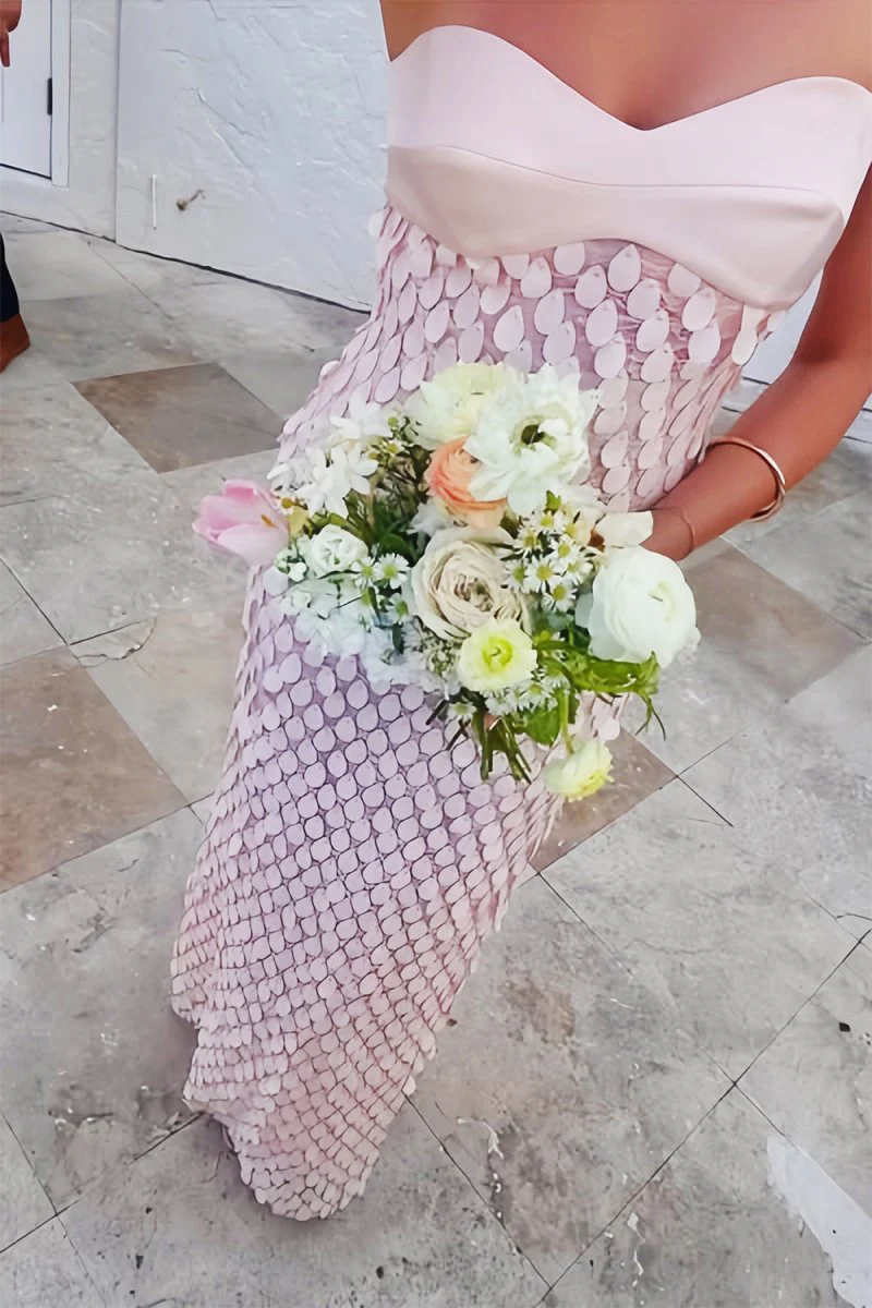 Pink - Sheath Strapless Long Prom Dresses with Sequins