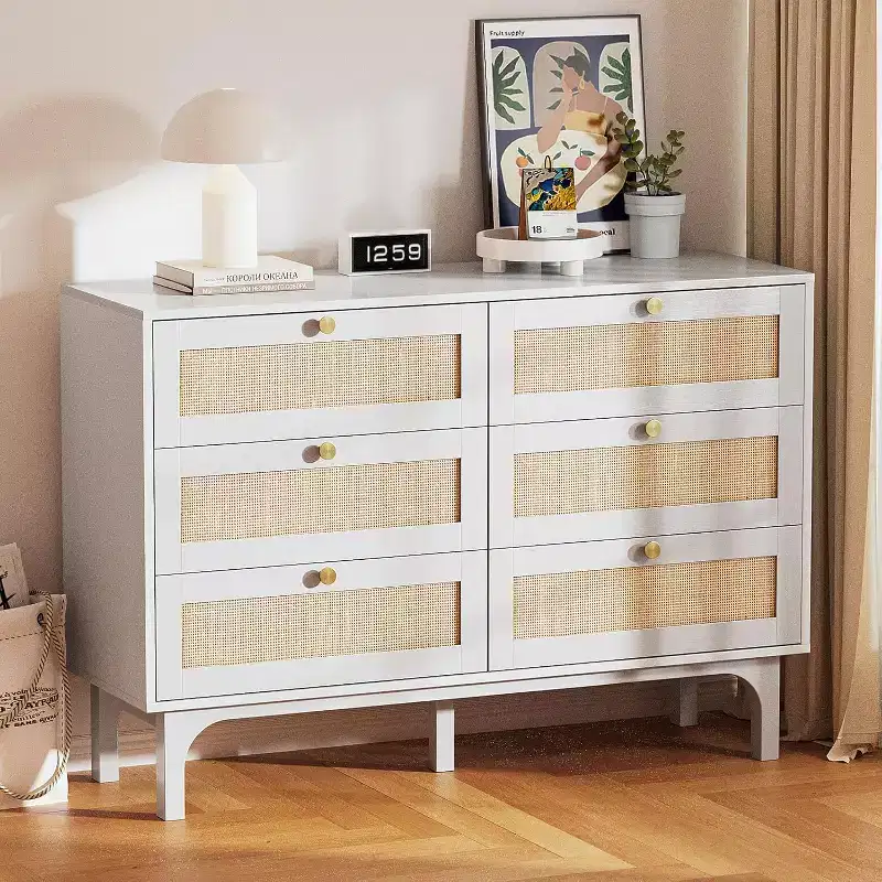 VINGLI Rattan Dresser and Nightstands Sets 3 Piece, White Nightstands with Charging Station Set of 2, 6 Drawer Double Dresser