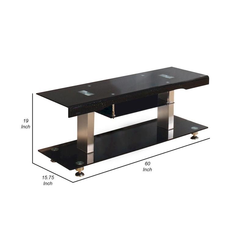 60 Inch TV Entertainment Console, Long Glass Media Shelf, Chrome Accents