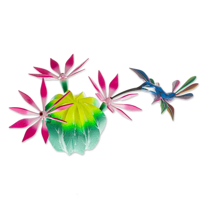 Novica Handmade Hummingbird Visits A Cactus Wood Sculpture