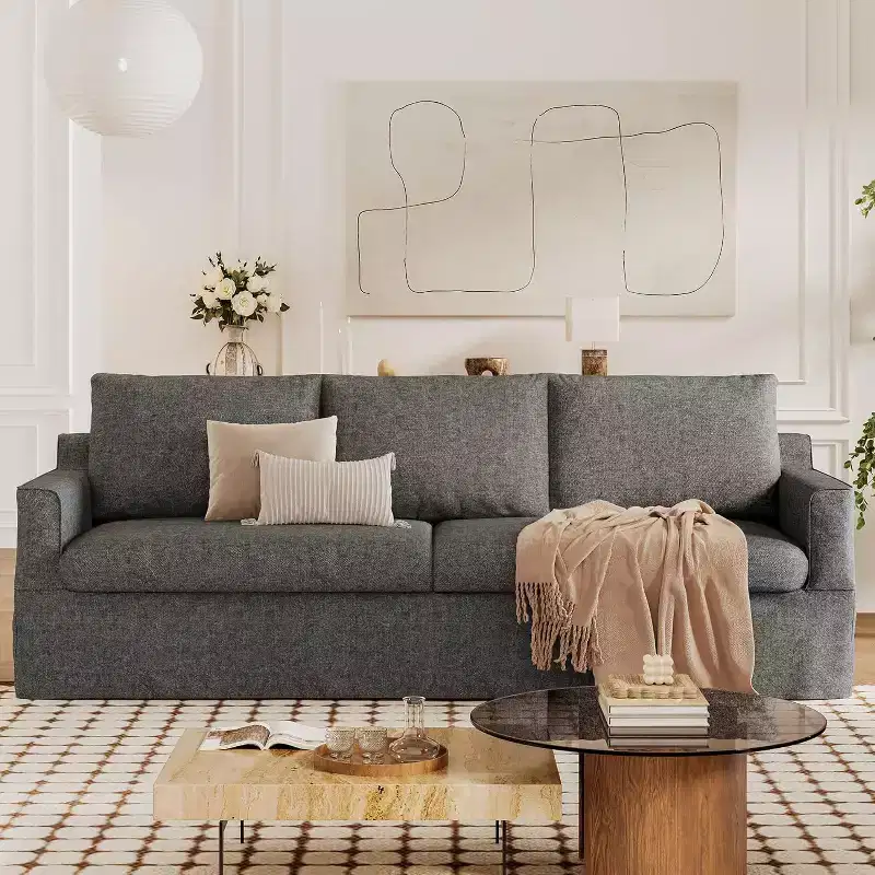 Dyonery 93'' 3-seater sofa with deep seats, modern upholstered sofa with wide armrests, detachable Chenille cover, sofa living room, apartment, grey