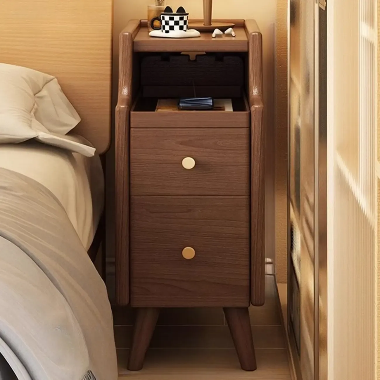 Narrow White Wood 2 Shelves Nightstand