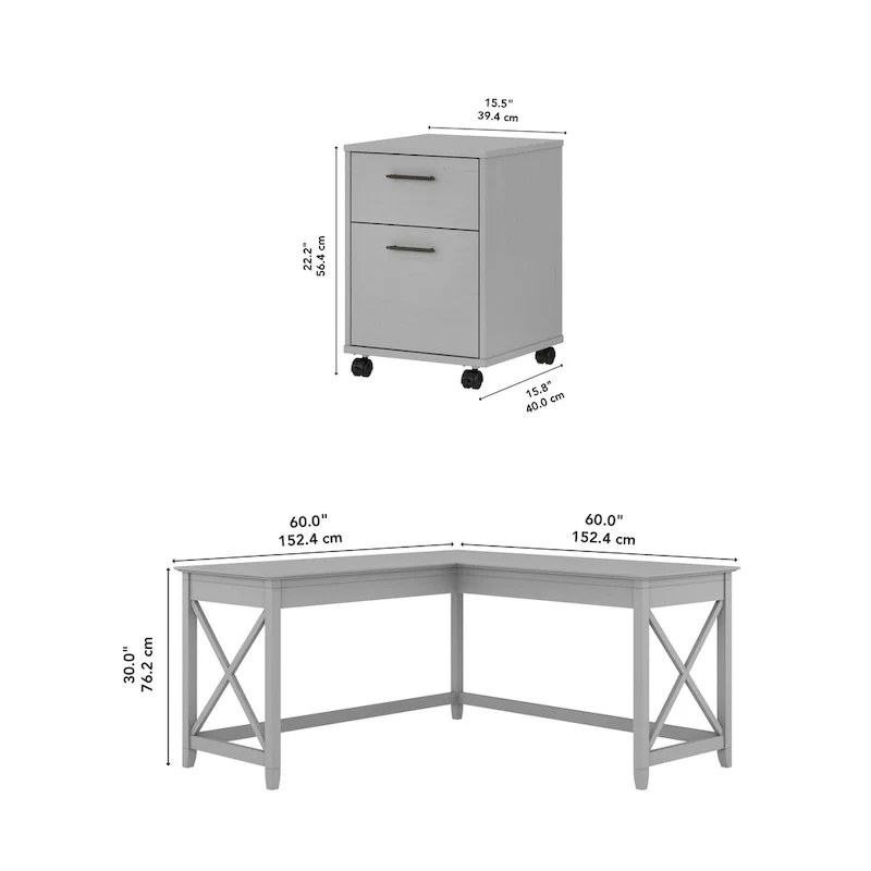 Key West 60W L Desk with 2 Drawer File Cabinet by Bush Furniture