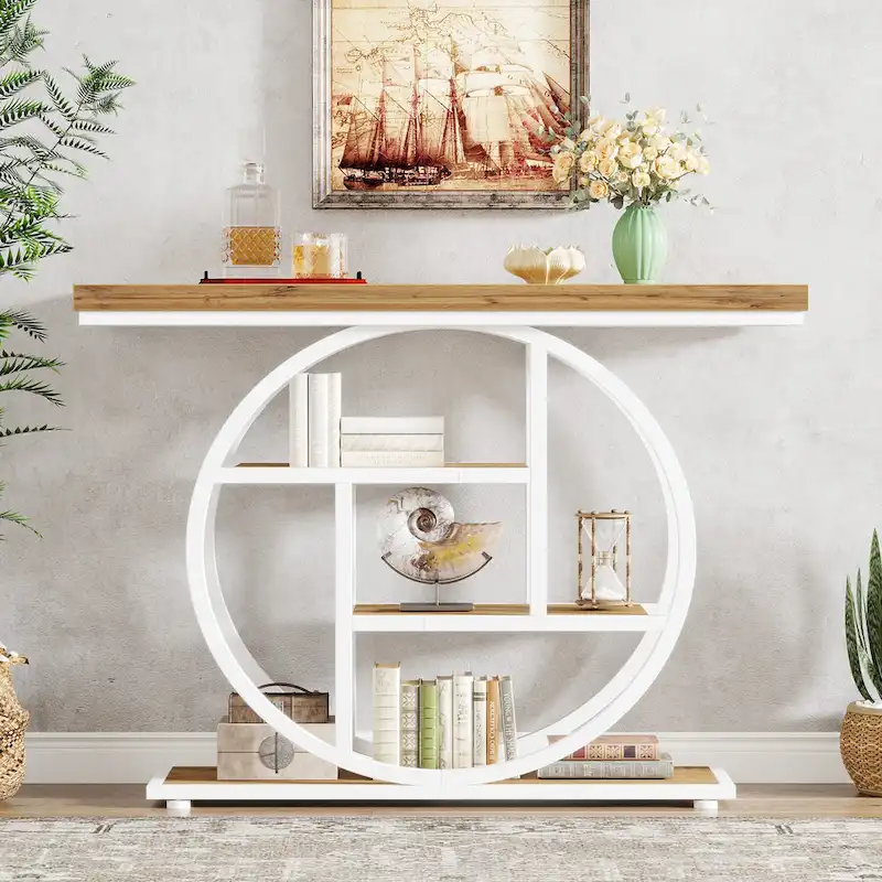 Industrial 4-Tier Sofa Table Entryway Table with Circle Base