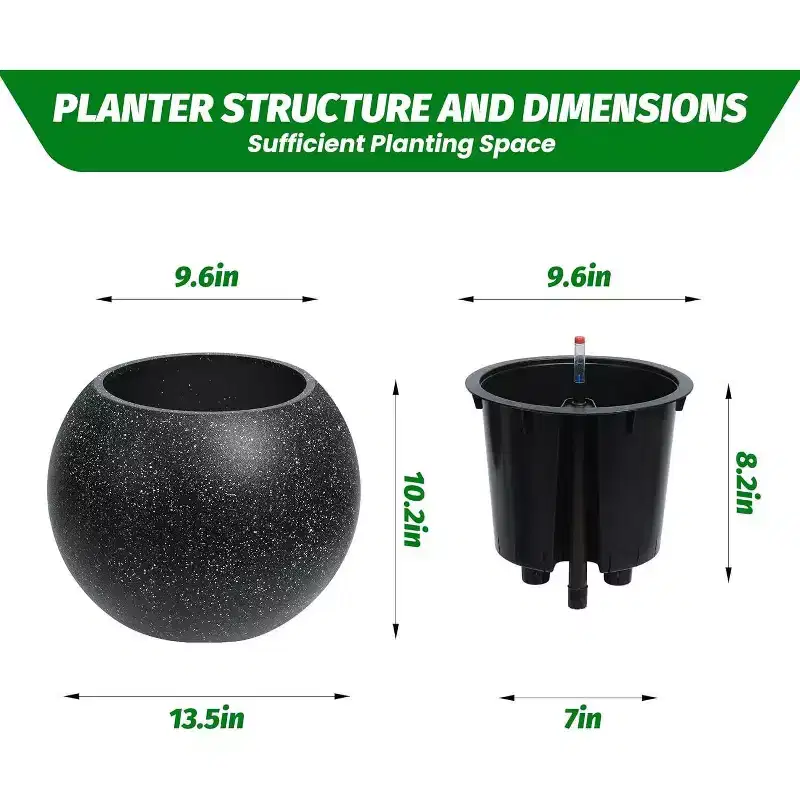 10.2 H x 13.5 Dia (10 Opening) Round Self-Watering Indoor Plant Pots with Drainage & Water Level Monitor, White Dot Design