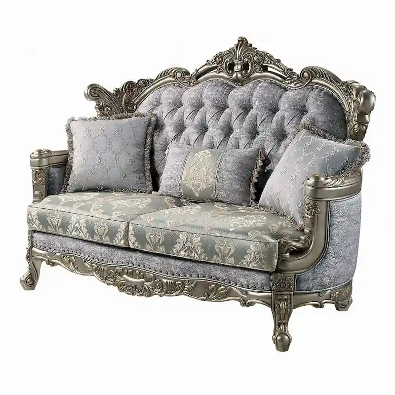 Royale Loveseat, 3 Pillows, Gray Fabric, Antique Bronze Wood, 73 Inch