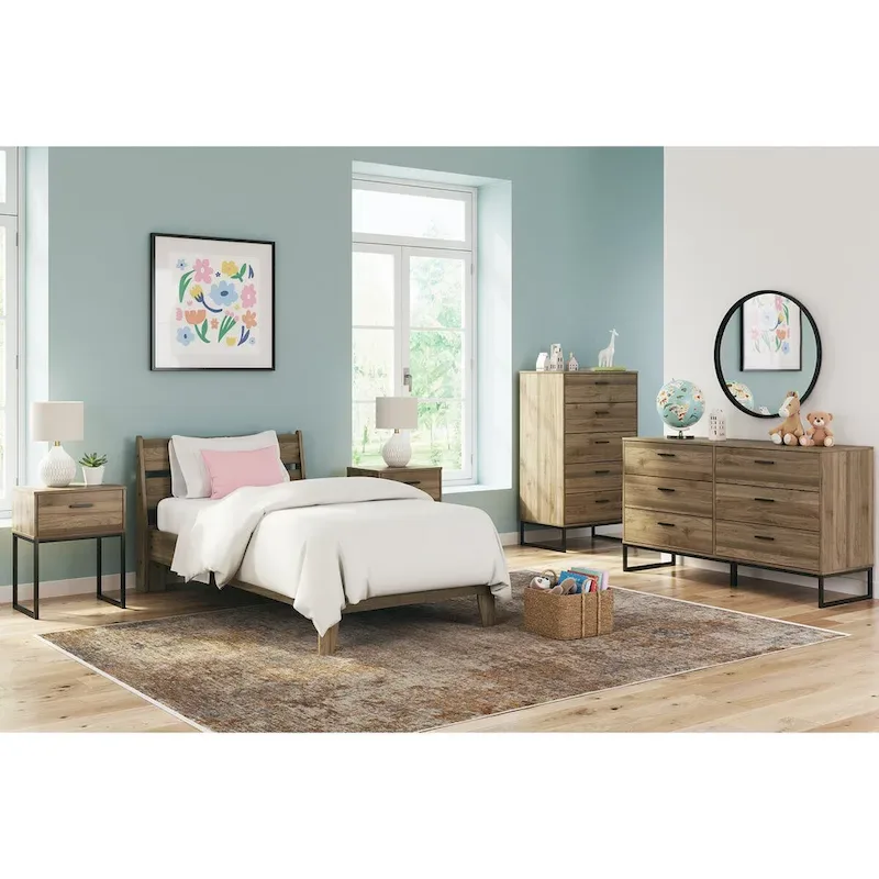 Signature Design Deanlow Honey Panel Headboard with Dresser and Nightstand