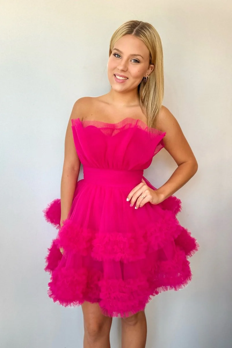 Fuchsia Strapless Tiered Tulle Short Homecoming Dresses