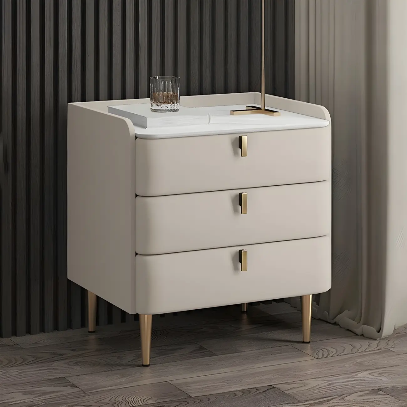 Glam Leather Sintered Stone Top Nightstand with Drawers