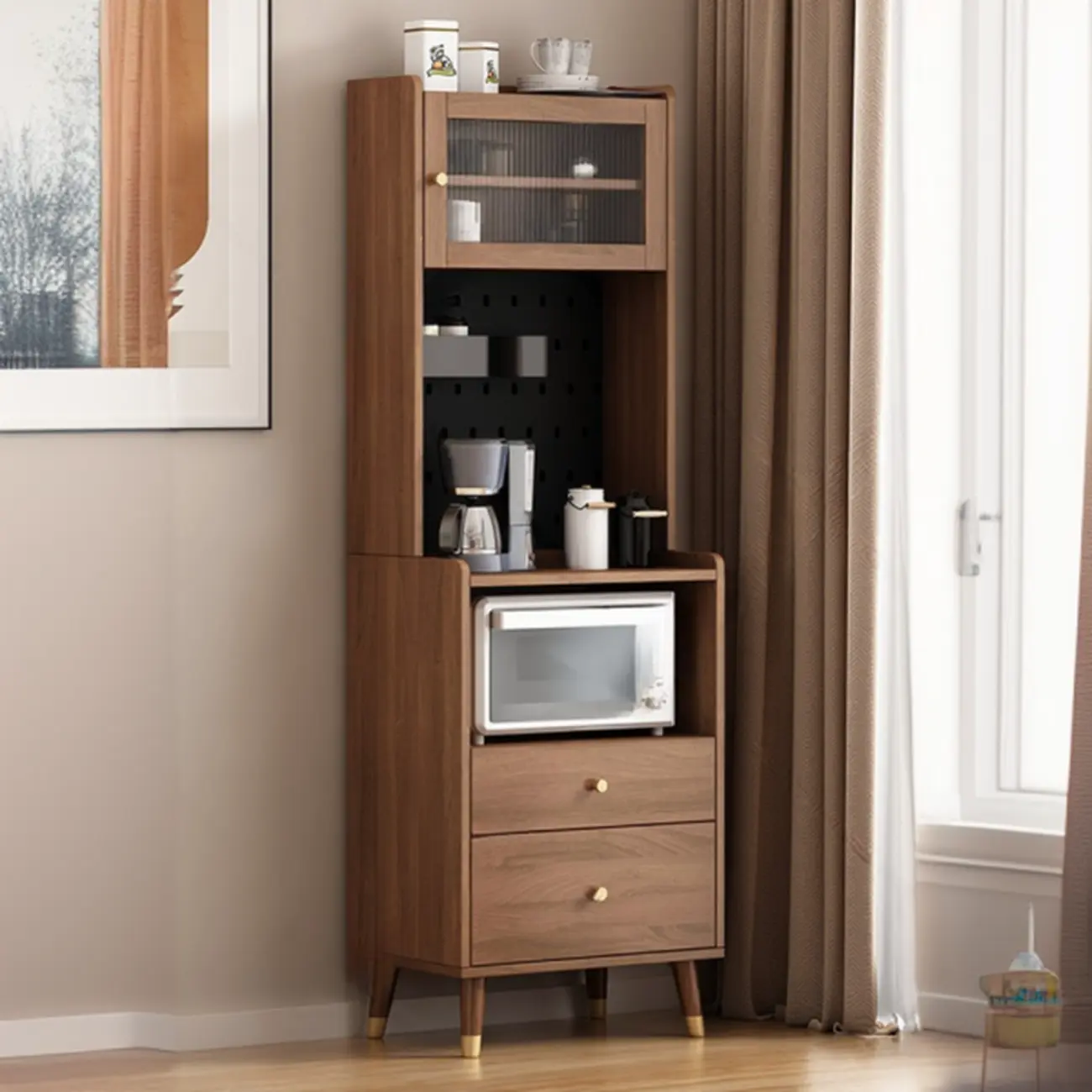 Compact Wooden Brown 2-Drawer Tall Sideboard with Hutch