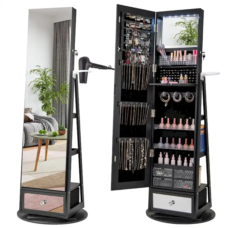 Gymax Swivel Jewelry Cabinet w/ Mirror Jewelry Storage Organizer