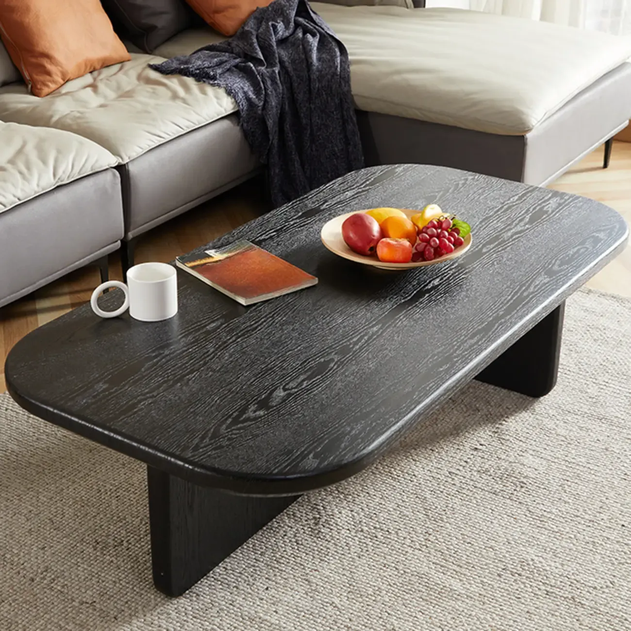 Minimalist Wood Grain Black Coffee Table with Double Pedestal