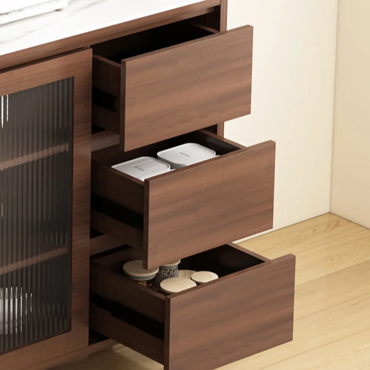 Wide Brown Wooden Pegboard Back Sideboard with Hutch