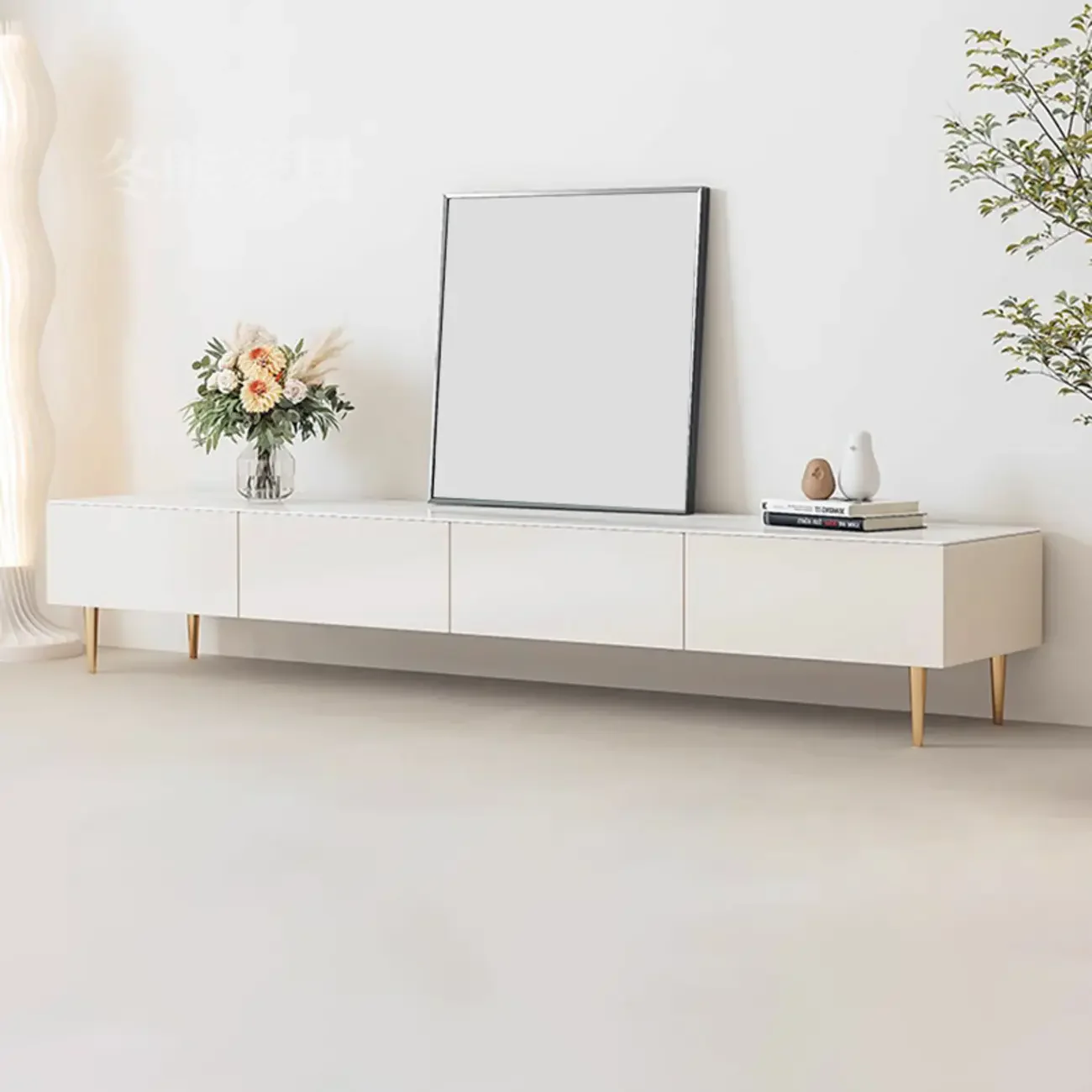 White Stone Cable Management Drawers TV Stand with Legs