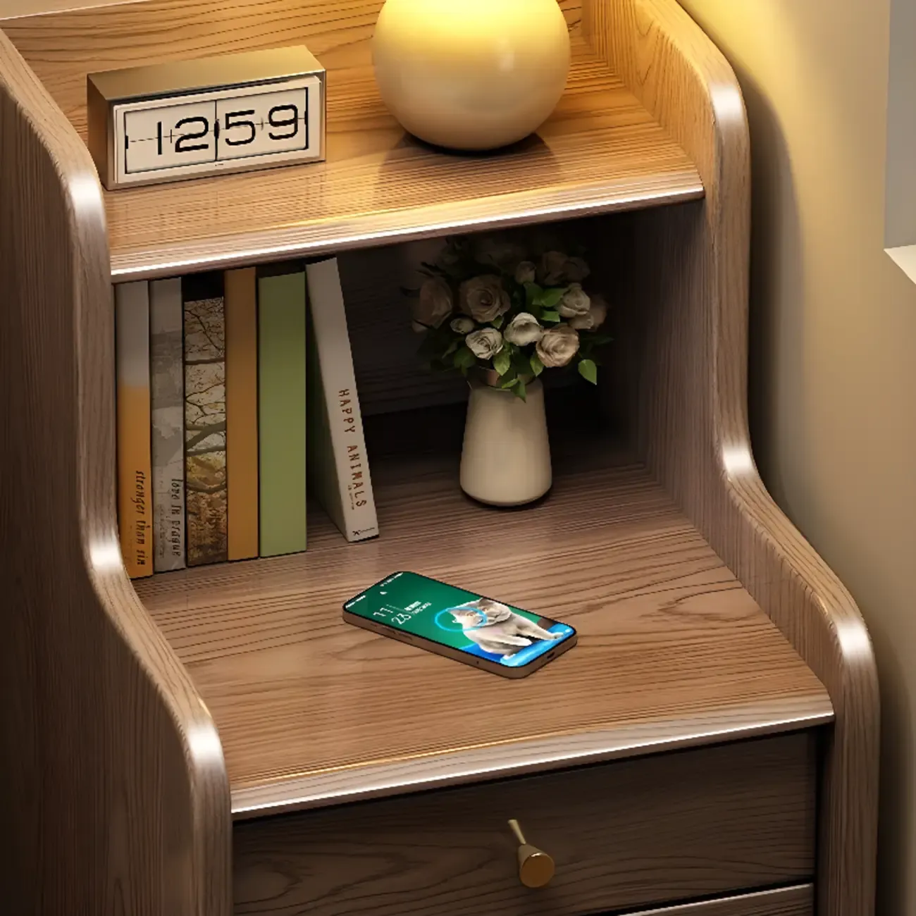 Tall Nut-Brown Wood Beside Nightstand with Drawers