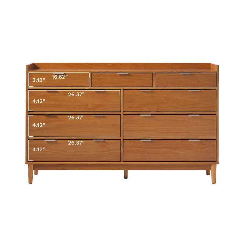 Black / White / Tan / Caramel, 9-Drawer Solid Pine Dresser with Gallery Tray Top, 1-Person Assembly